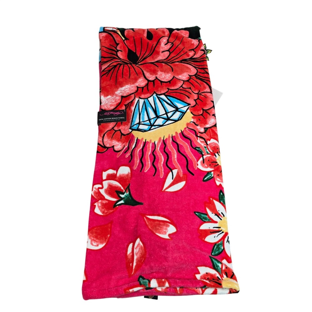 Ed Hardy Pink Peony Diamond Tattoo Art 100% Cotton Beach Towel 36x68 NEW